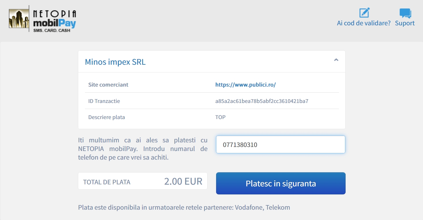 Plugin Woocommerce de plata prin SMS online Netopia Mobilpay