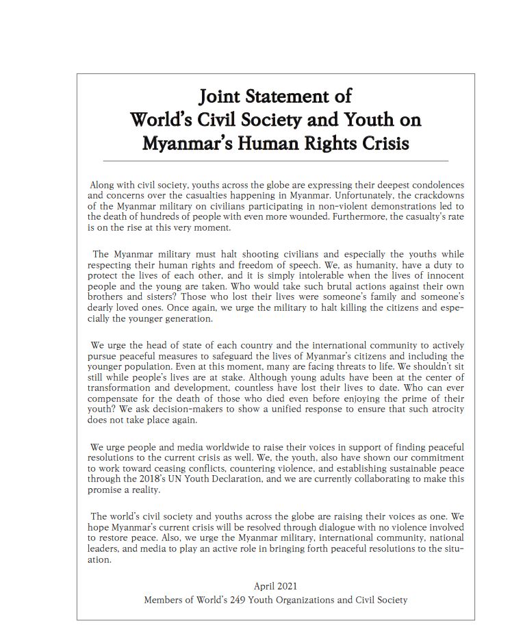 Joint Statement of World’s Civil Society and Youth on Myanmar’s Human Rights Crisis